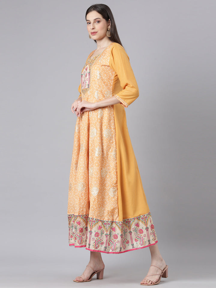 Neerus Yellow Curved Casual Embellished Dresses