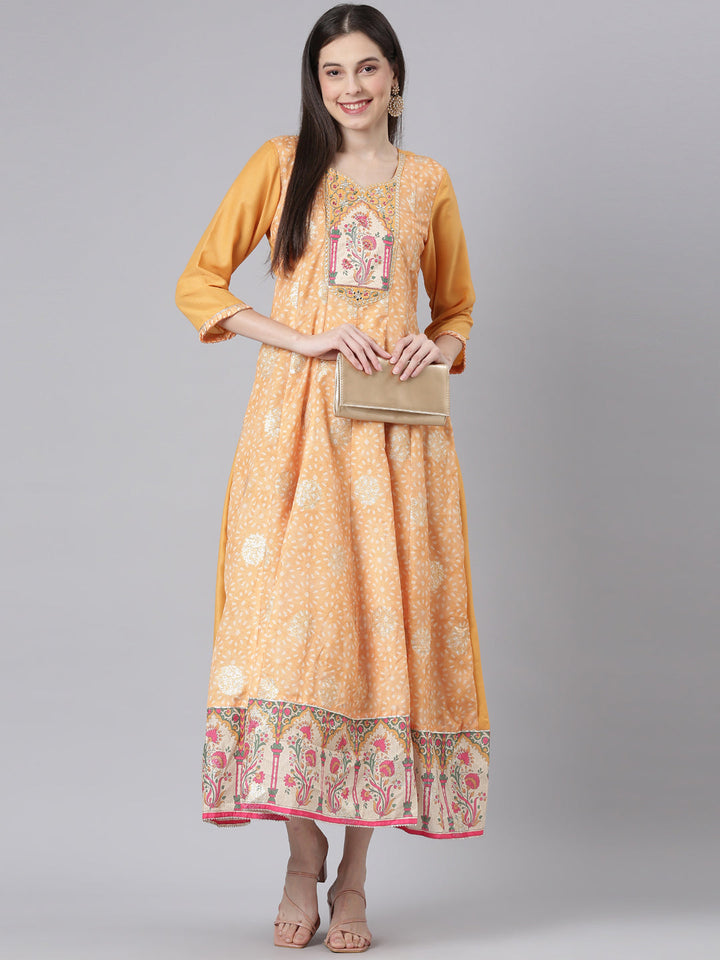 Neerus Yellow Curved Casual Embellished Dresses