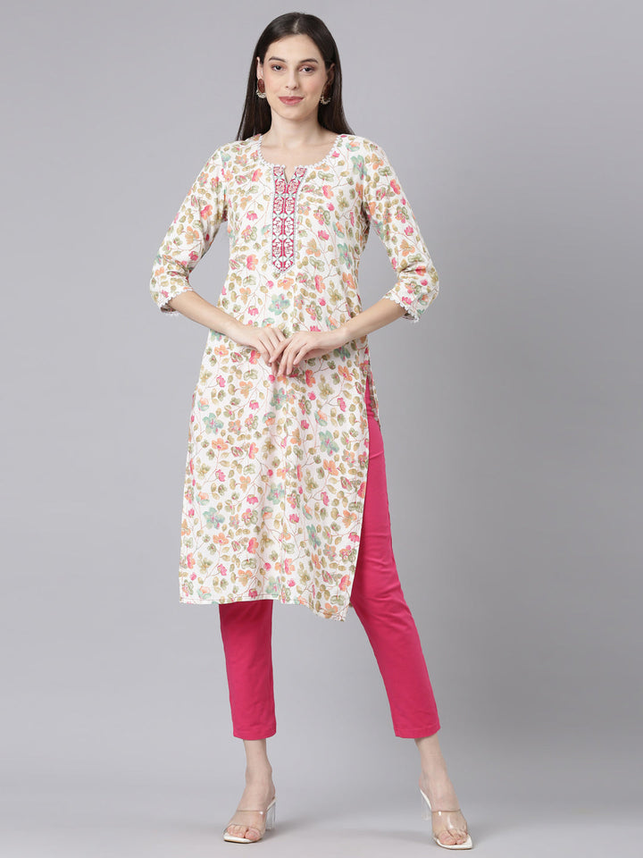 Neerus Off White Casual Floral Straight Kurtas