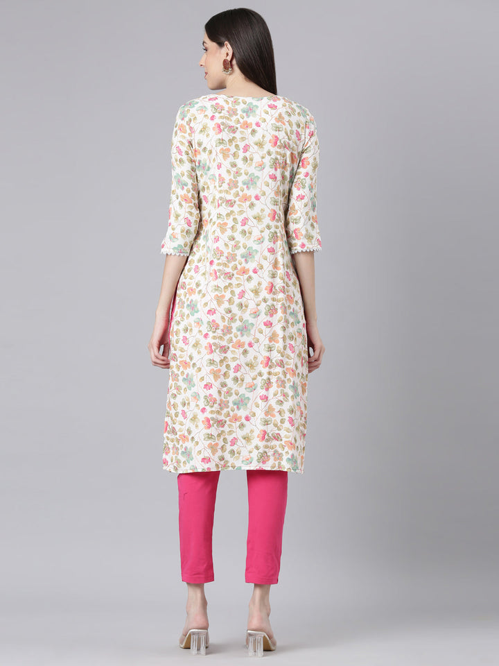 Neerus Off White Casual Floral Straight Kurtas