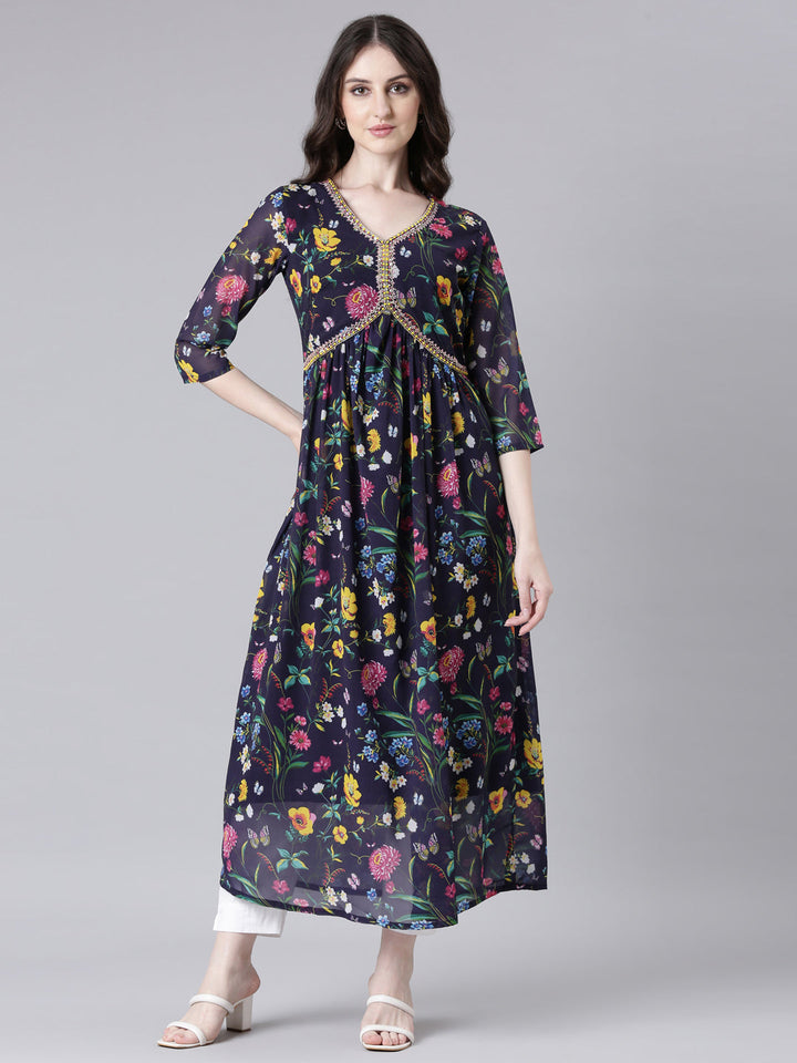 Neerus Navy Blue Curved Casual Floral Dresses