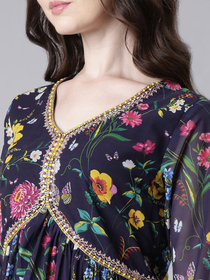 Neerus Navy Blue Curved Casual Floral Dresses