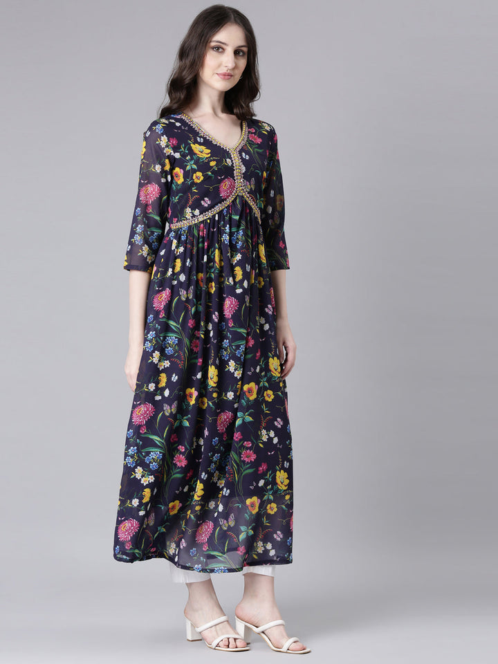 Neerus Navy Blue Curved Casual Floral Dresses