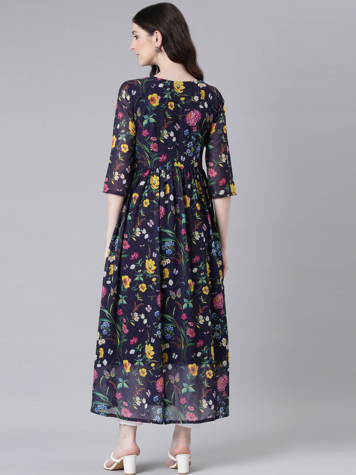 Neerus Navy Blue Curved Casual Floral Dresses