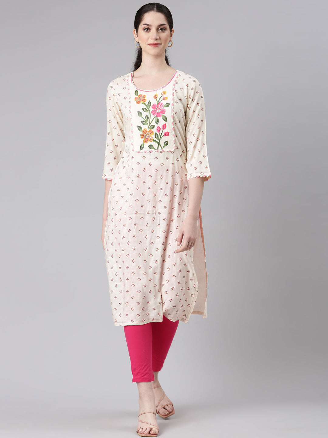 Neerus Beige viscose rayon printed straight kurta - front view