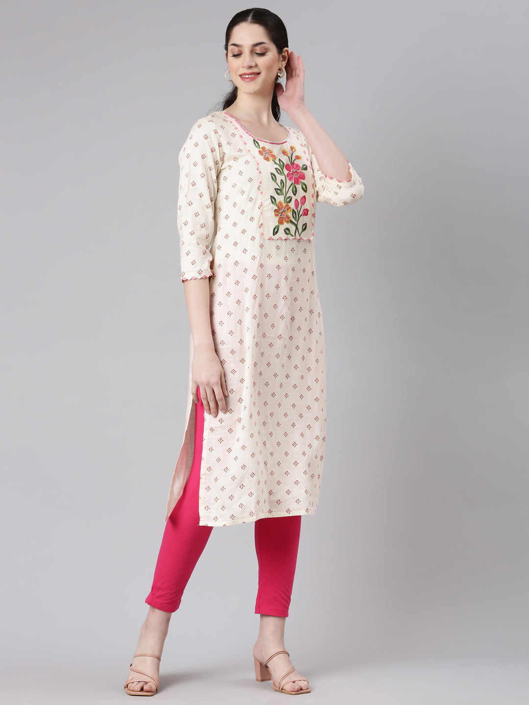 Neerus Beige viscose rayon printed straight kurta - back view