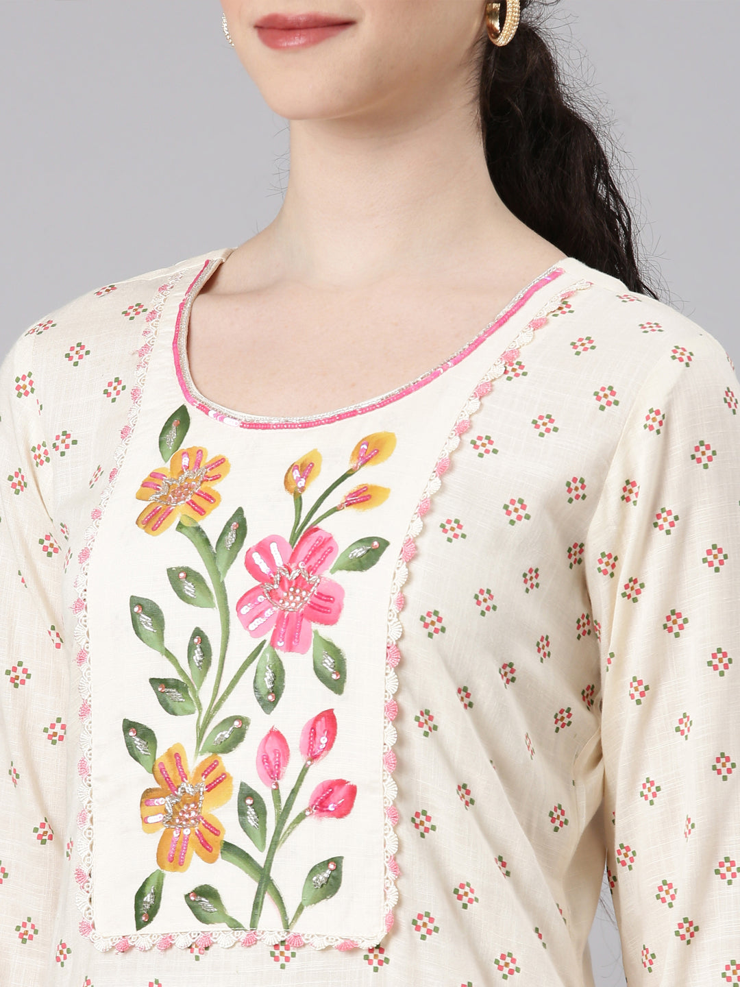 Neerus Beige viscose rayon printed straight kurta - detail view 1