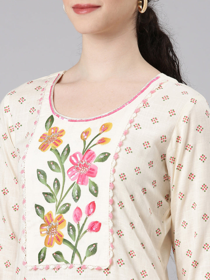 Neerus Beige viscose rayon printed straight kurta - detail view 1