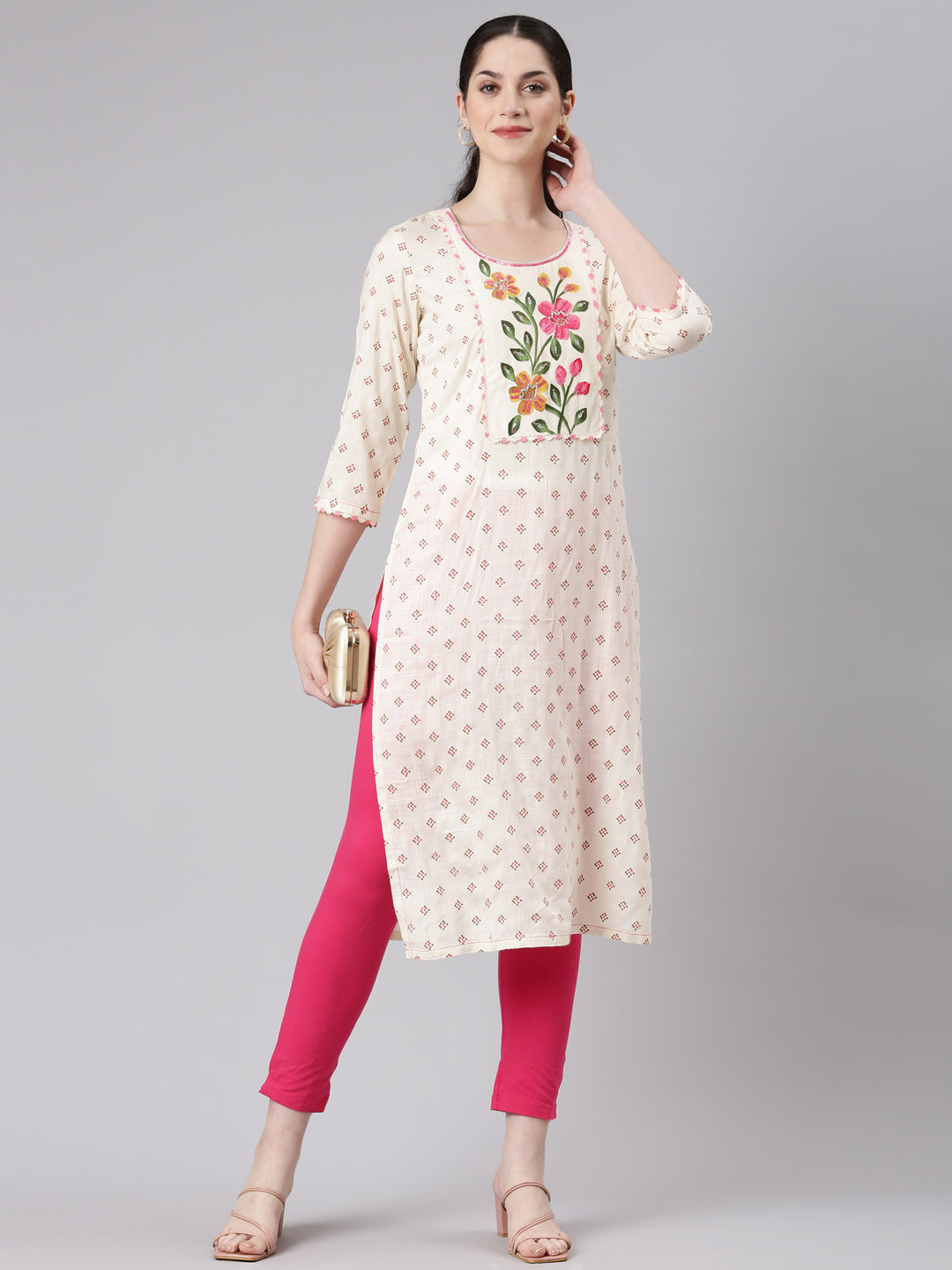 Neerus Beige viscose rayon printed straight kurta - detail view 2