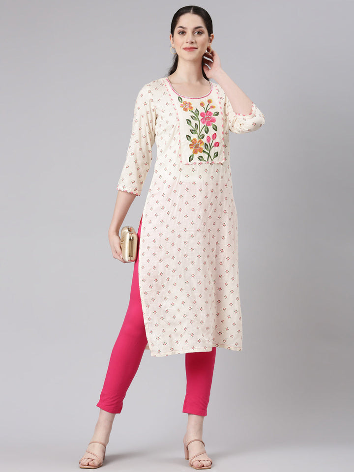 Neerus Beige viscose rayon printed straight kurta - detail view 2