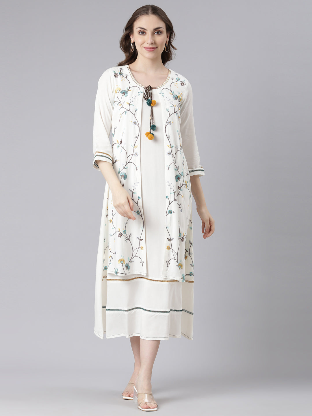 Neerus White rayon printed anarkali kurta - front view