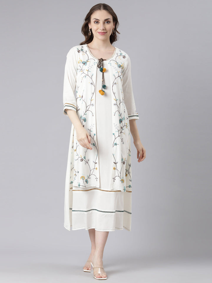 Neerus White rayon printed anarkali kurta - front view