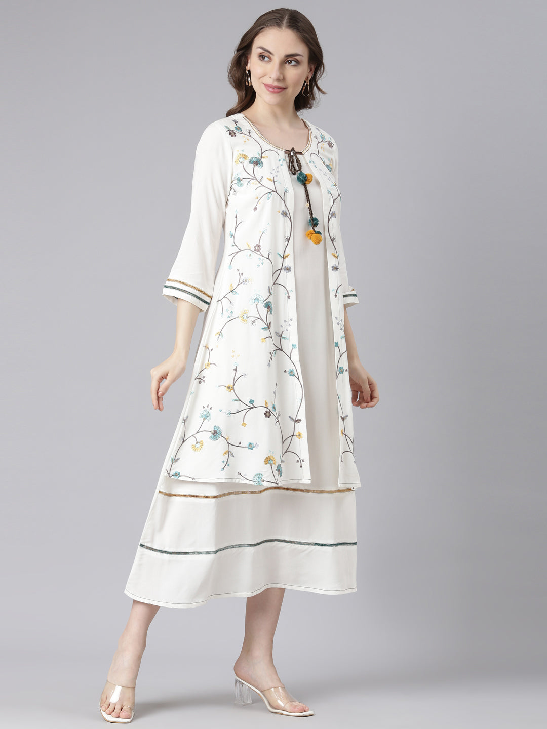 Neerus White rayon printed anarkali kurta - side view