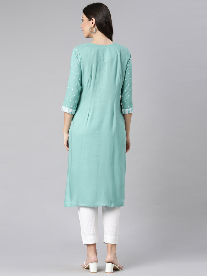 Neerus Sea Green Casual Solid Straight Kurtas