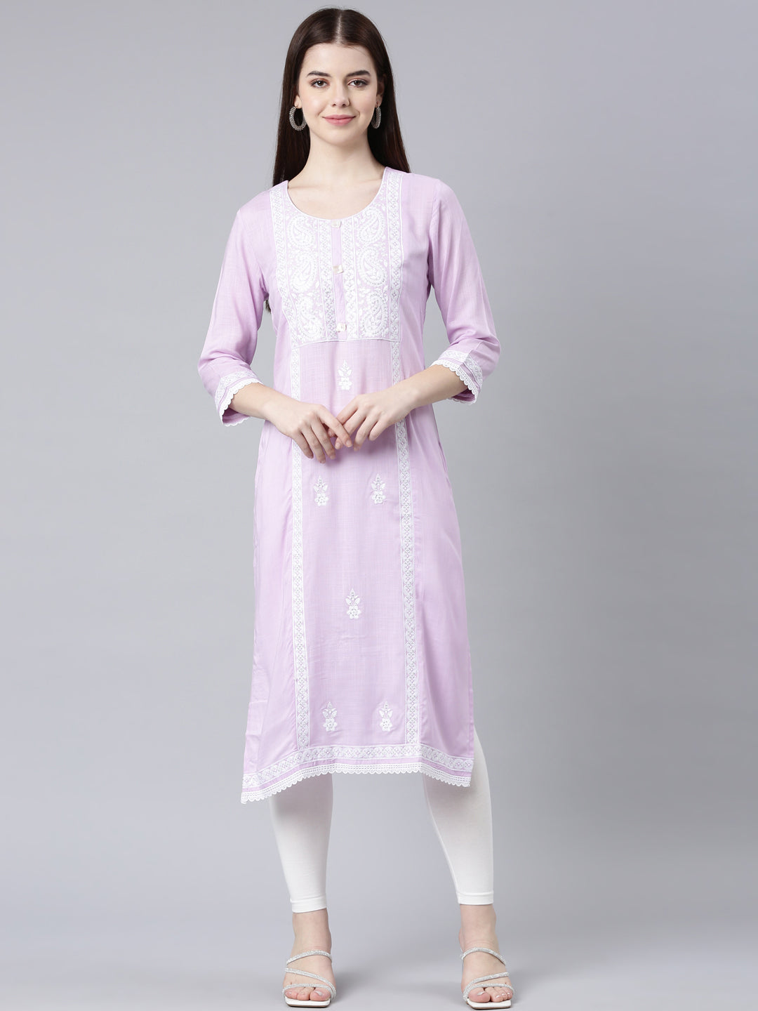 Neerus Purple rayon printed straight kurta - front view