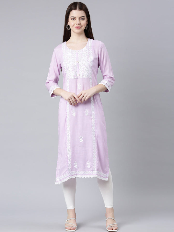Neerus Purple rayon printed straight kurta - front view