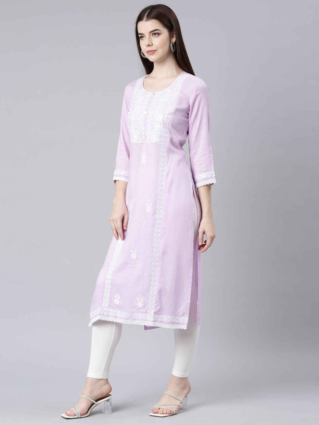 Neerus Purple rayon printed straight kurta - back view