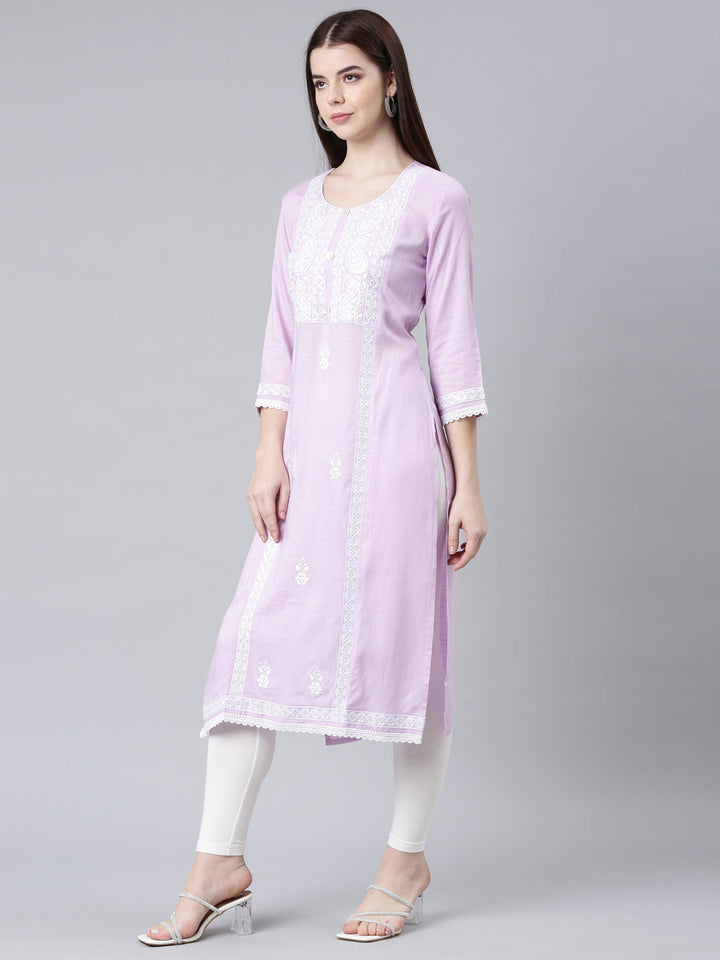 Neerus Purple rayon printed straight kurta - back view
