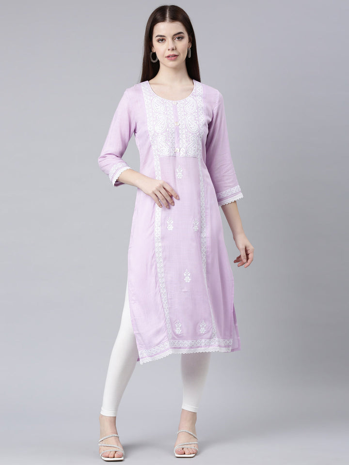 Neerus Purple rayon printed straight kurta - detail view 2