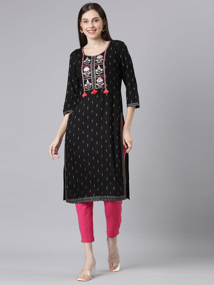 Neerus Black Casual Embellished Straight Kurtas