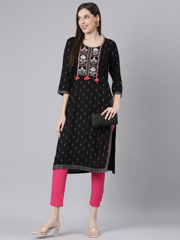 Neerus Black Casual Embellished Straight Kurtas