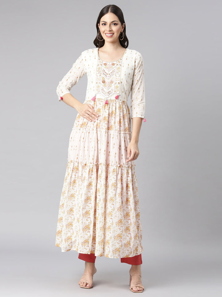 Neerus Off White Curved Casual Floral Dresses