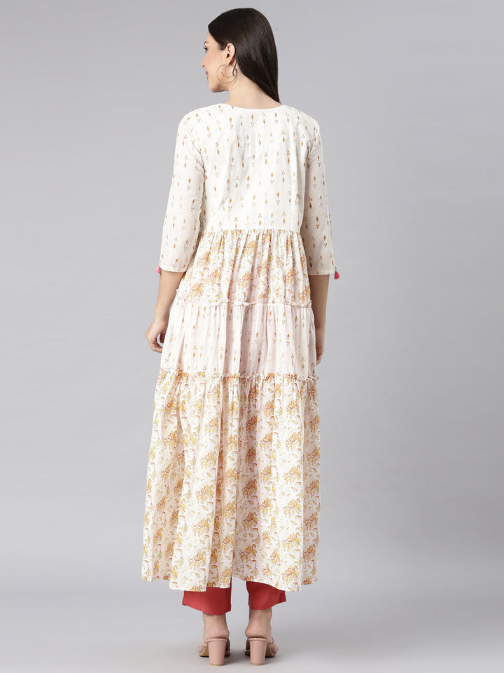 Neerus Off White Curved Casual Floral Dresses