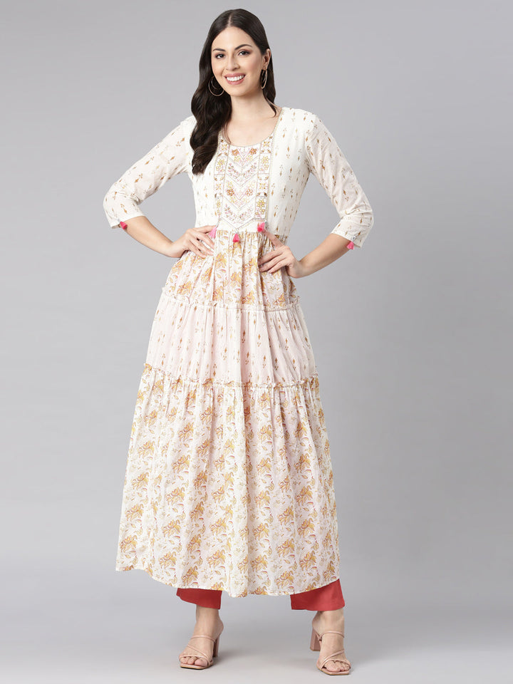 Neerus Off White Curved Casual Floral Dresses