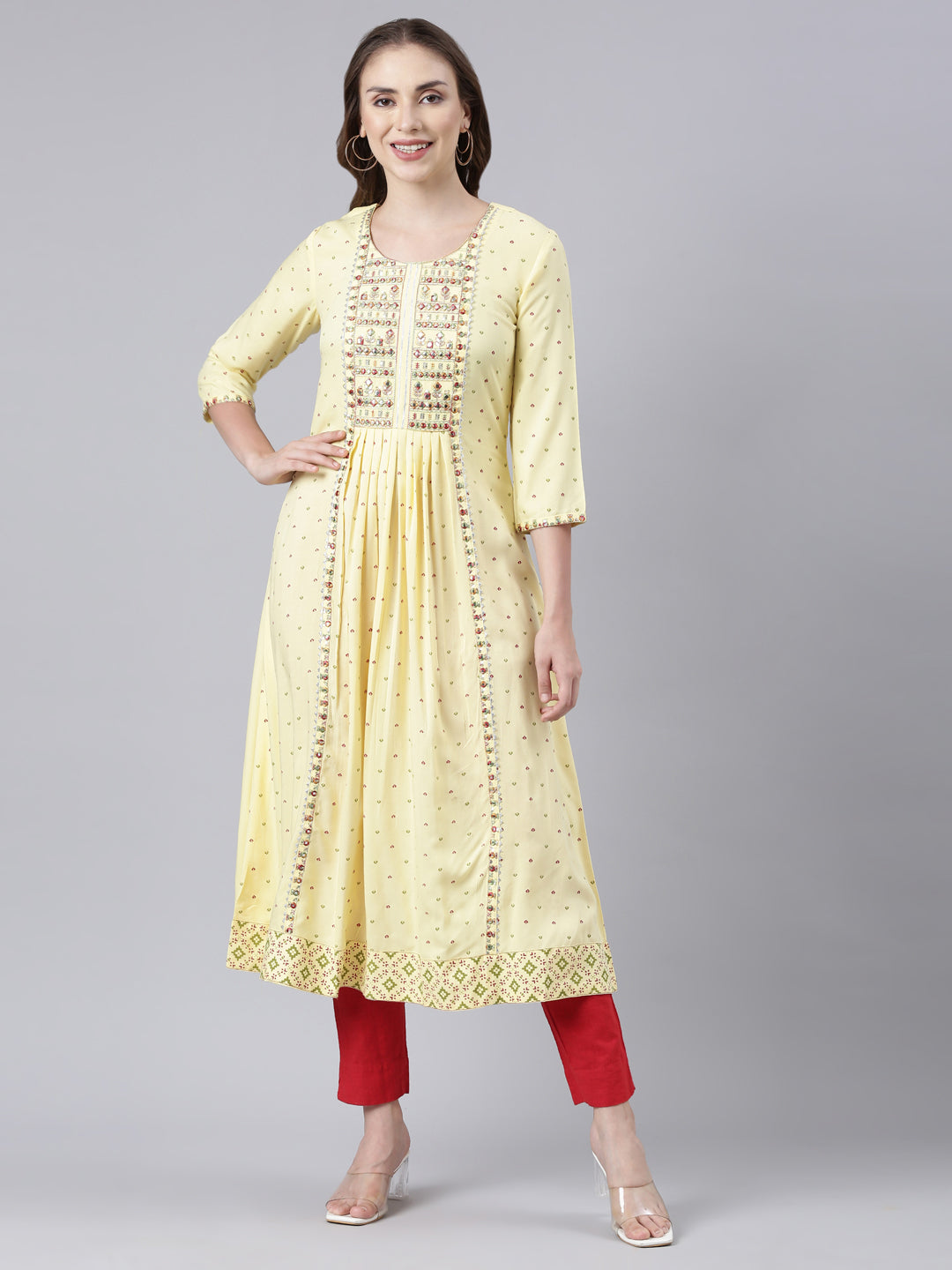 Neerus Yellow rayon printed anarkali kurta - front view