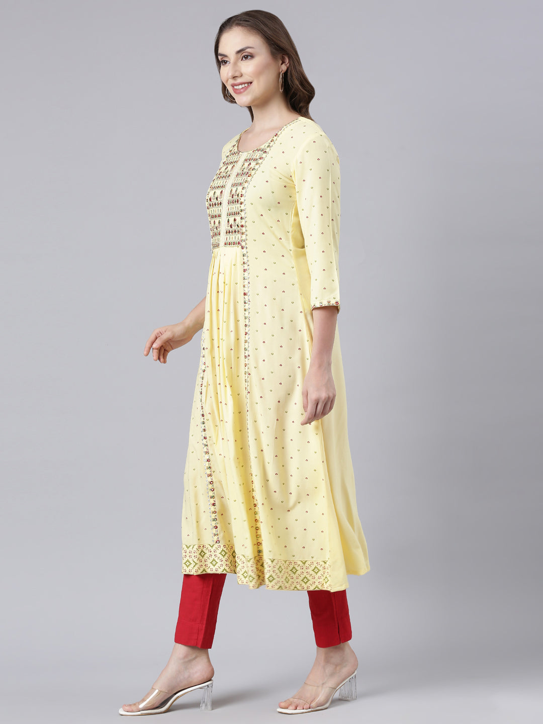 Neerus Yellow rayon printed anarkali kurta - back view