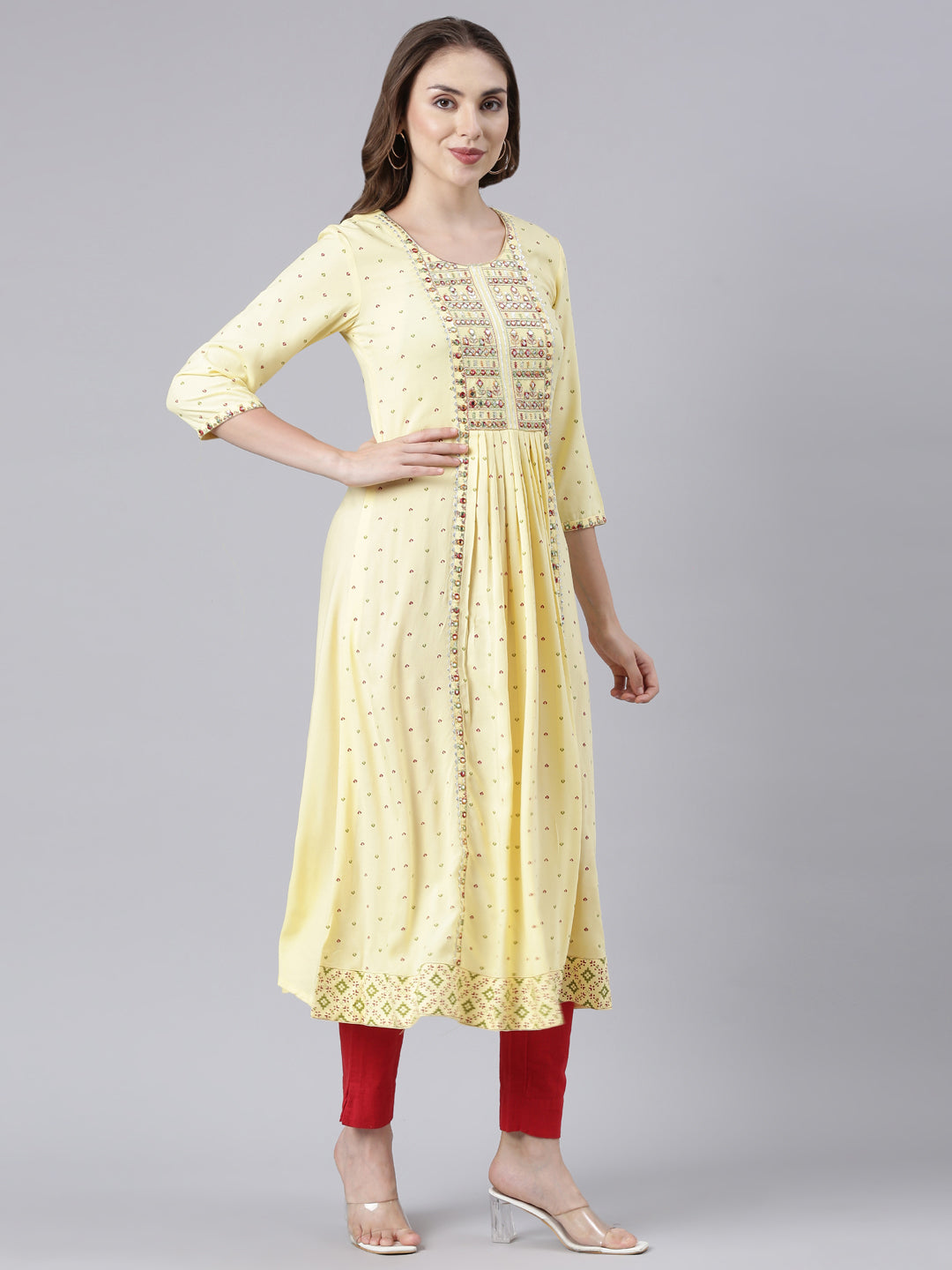 Neerus Yellow rayon printed anarkali kurta - side view