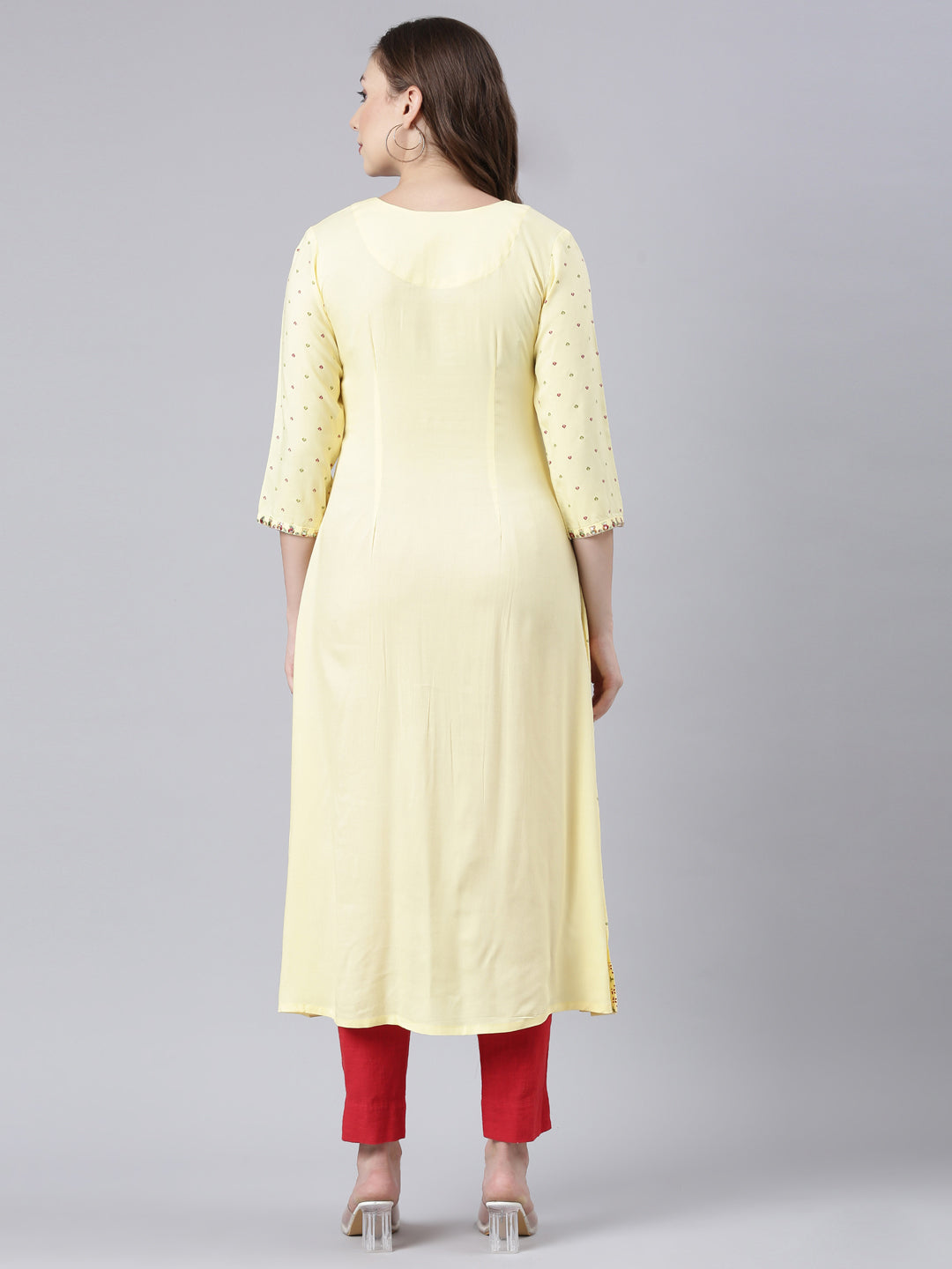Neerus Yellow rayon printed anarkali kurta - detail view 1