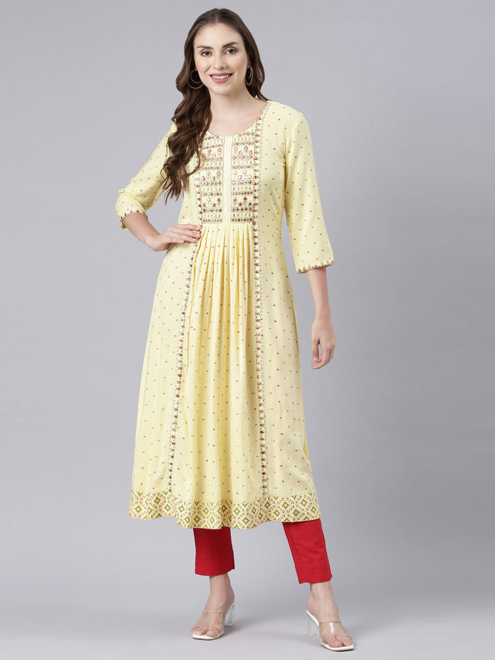 Neerus Yellow rayon printed anarkali kurta - detail view 3