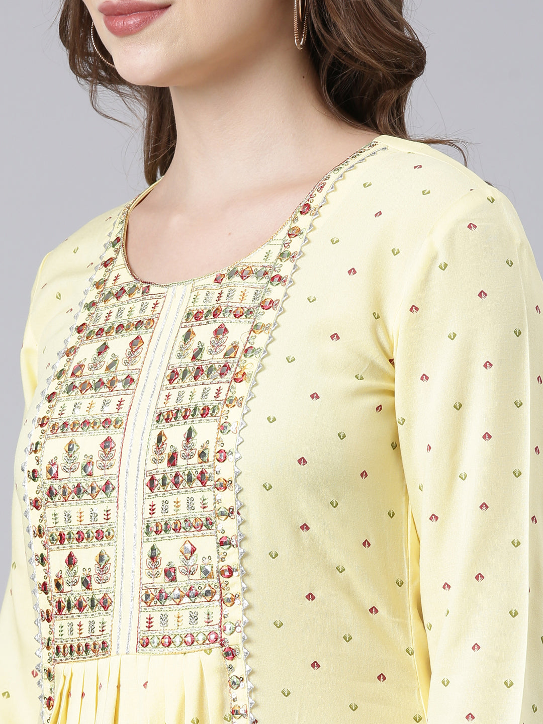 Neerus Yellow rayon printed anarkali kurta - detail view 2