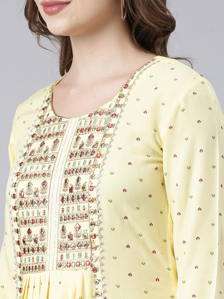Neerus Yellow rayon printed anarkali kurta - detail view 2