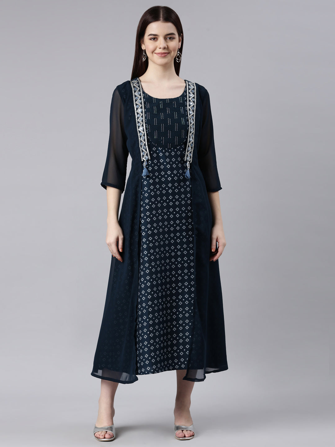 Neerus Black georgette solid straight kurta - front view