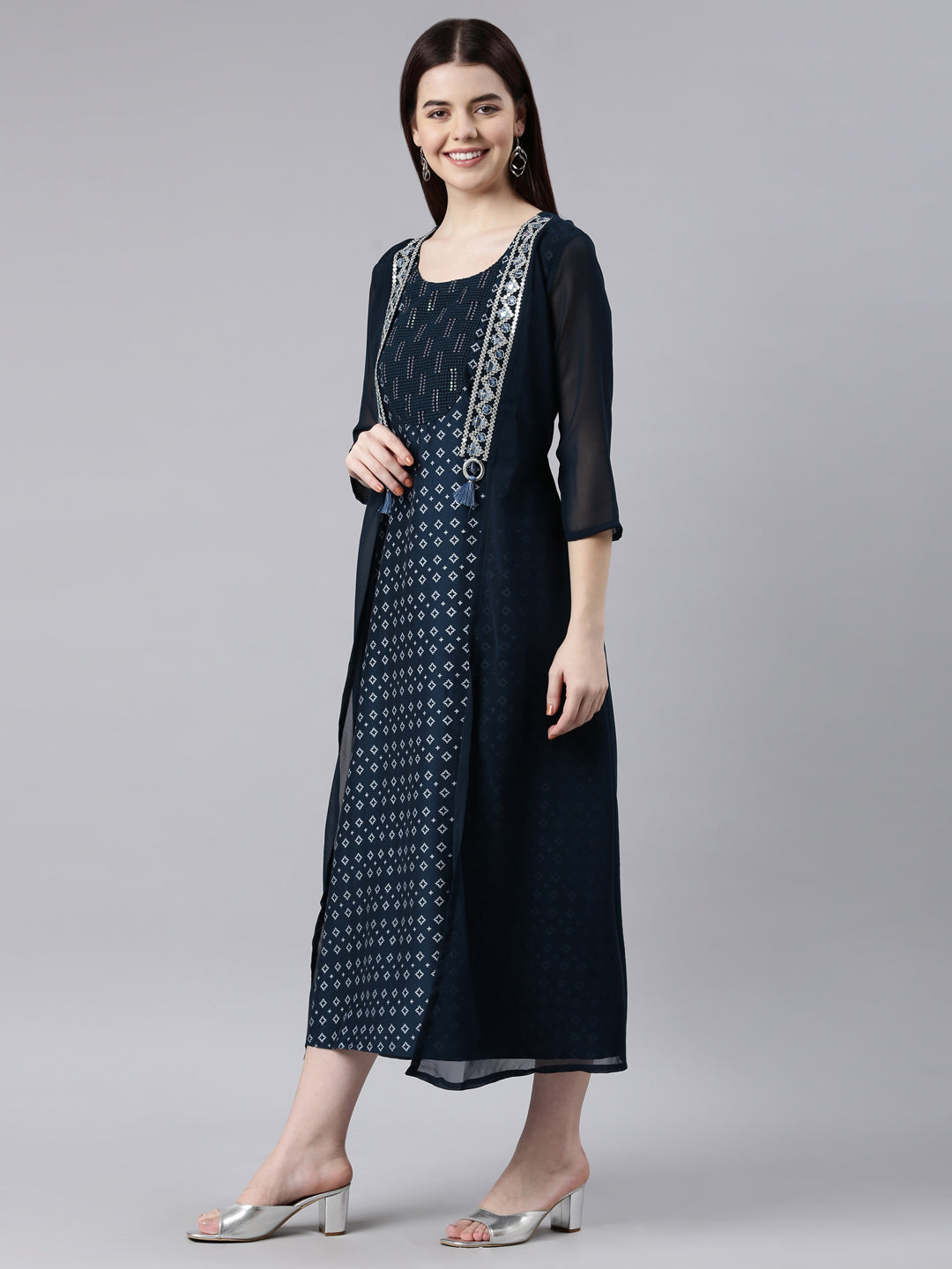 Neerus Black georgette solid straight kurta - back view