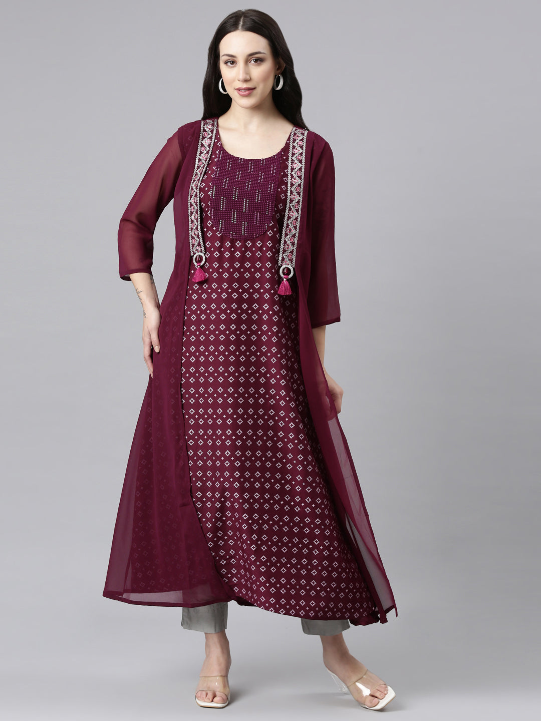Neerus Purple georgette solid straight kurta - front view