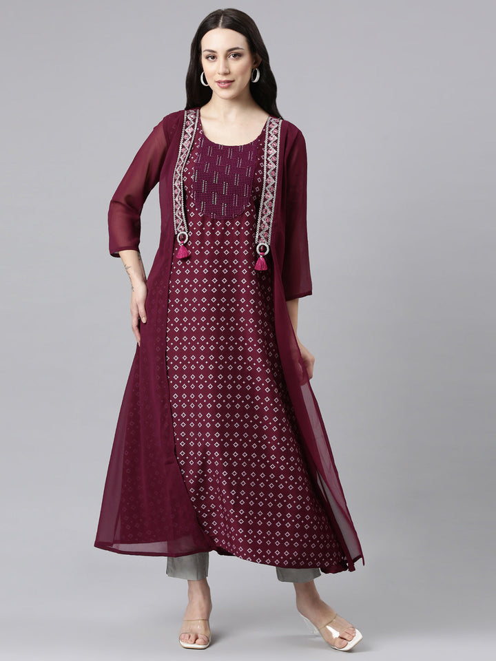 Neerus Purple georgette solid straight kurta - front view