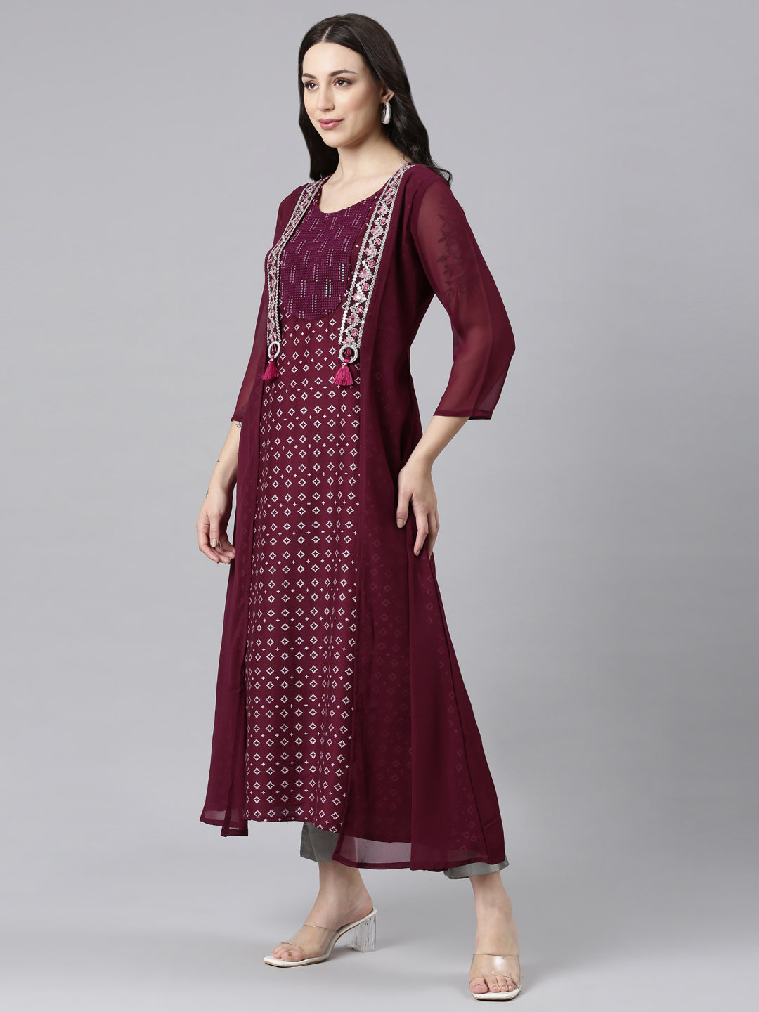 Neerus Purple georgette solid straight kurta - back view