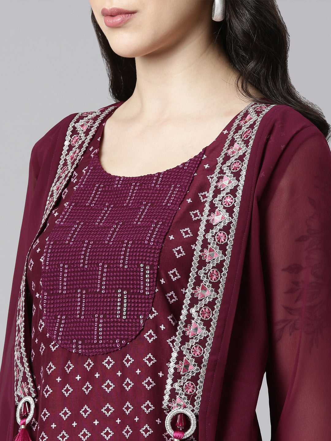 Neerus Purple georgette solid straight kurta - detail view 1