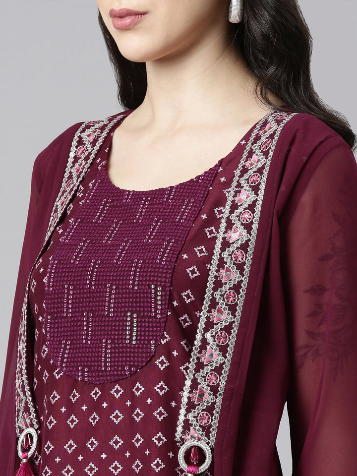 Neerus Purple georgette solid straight kurta - detail view 1