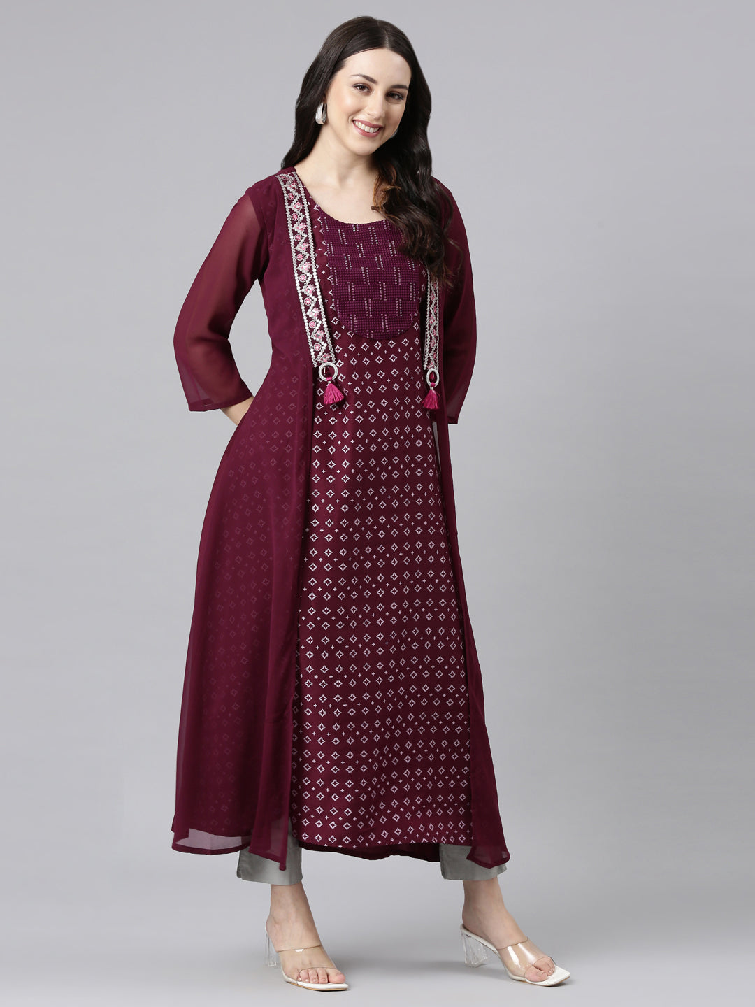 Neerus Purple georgette solid straight kurta - detail view 2