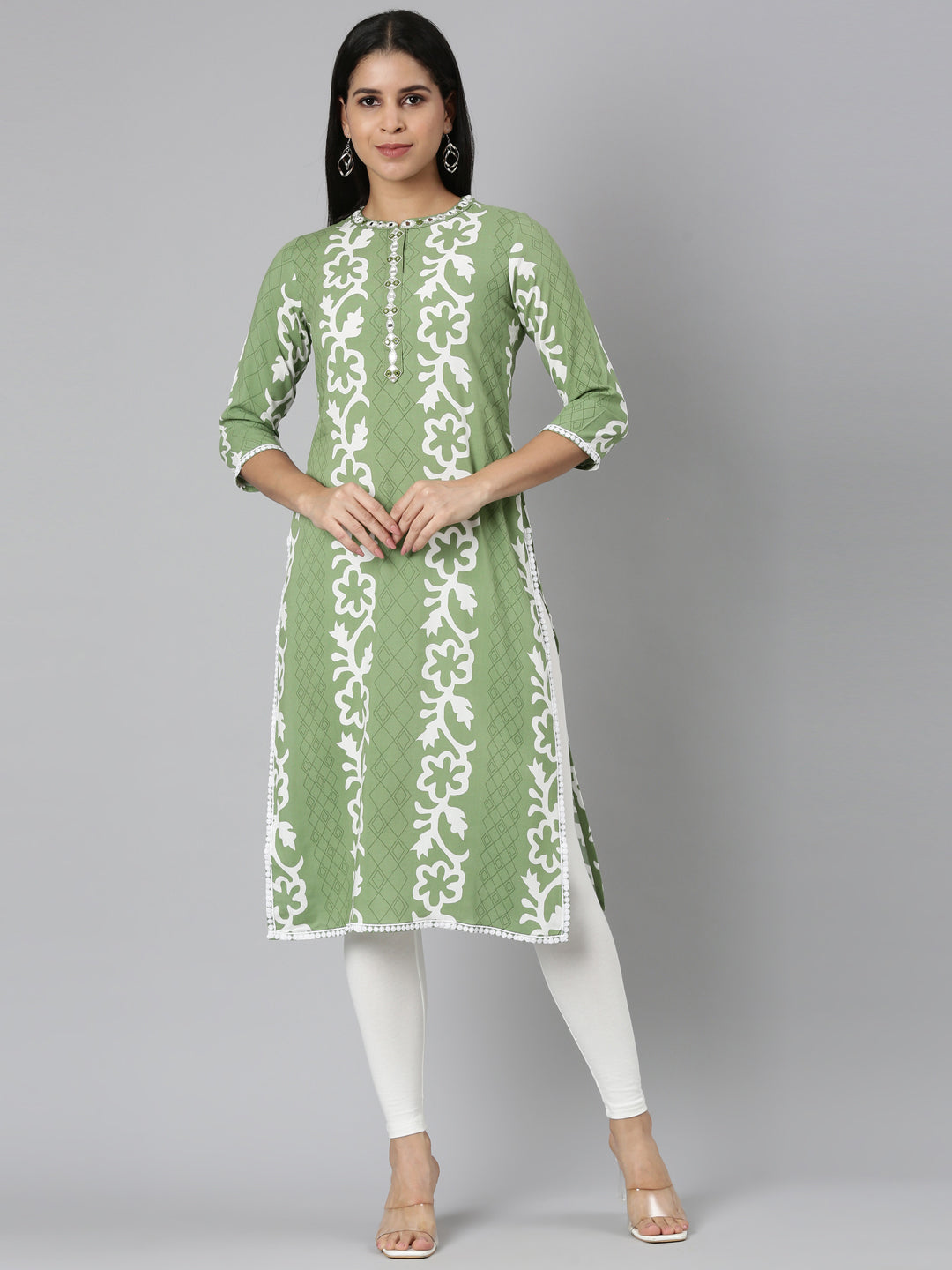 Neerus Green rayon printed straight kurta - front view