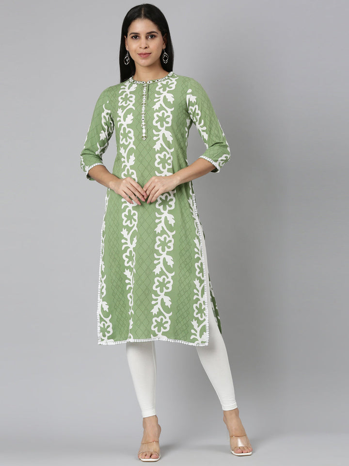 Neerus Green rayon printed straight kurta - front view