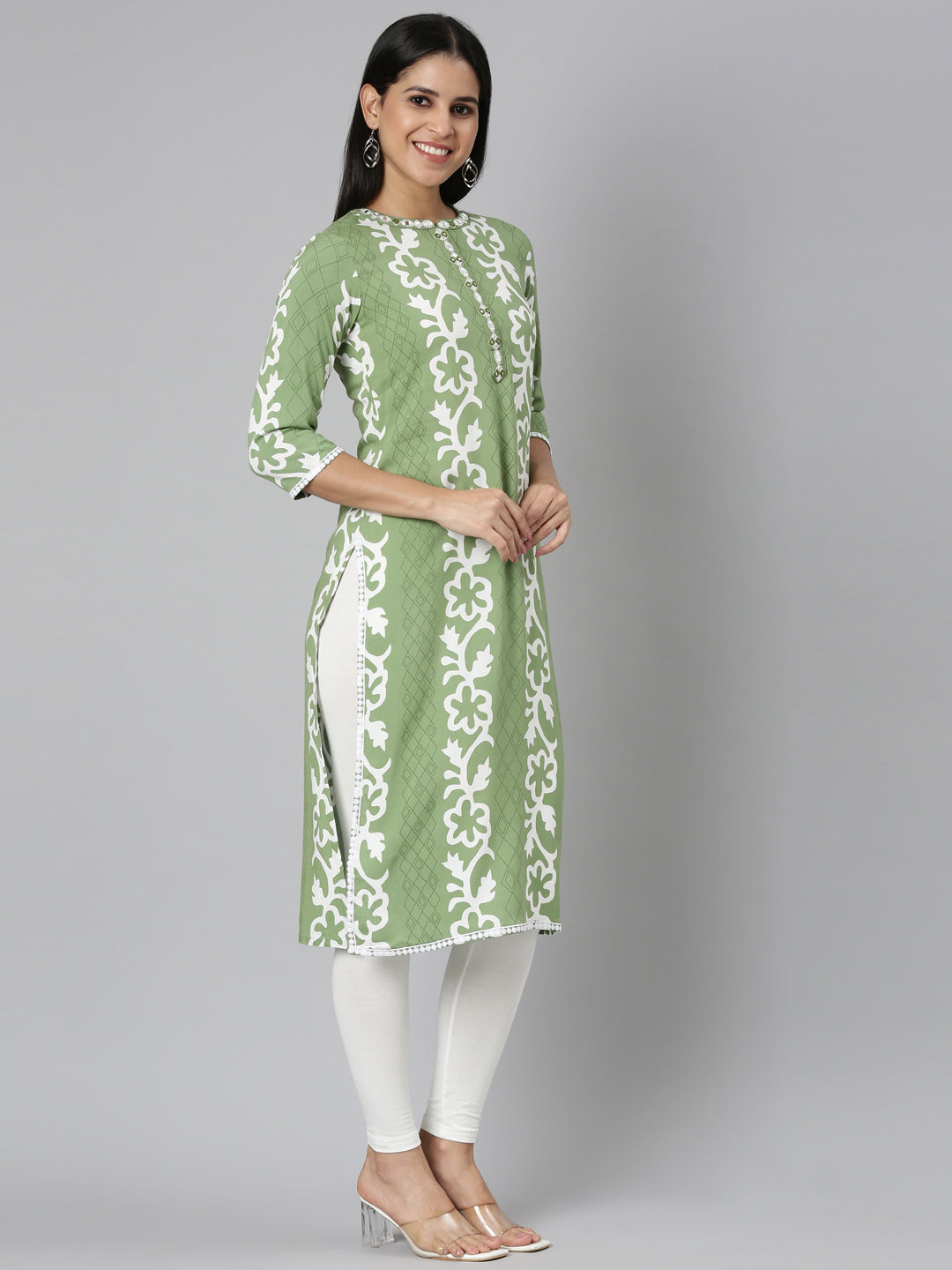 Neerus Green rayon printed straight kurta - back view