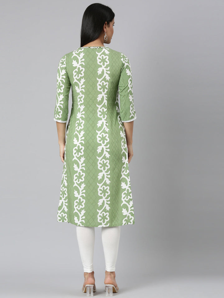 Neerus Green rayon printed straight kurta - side view