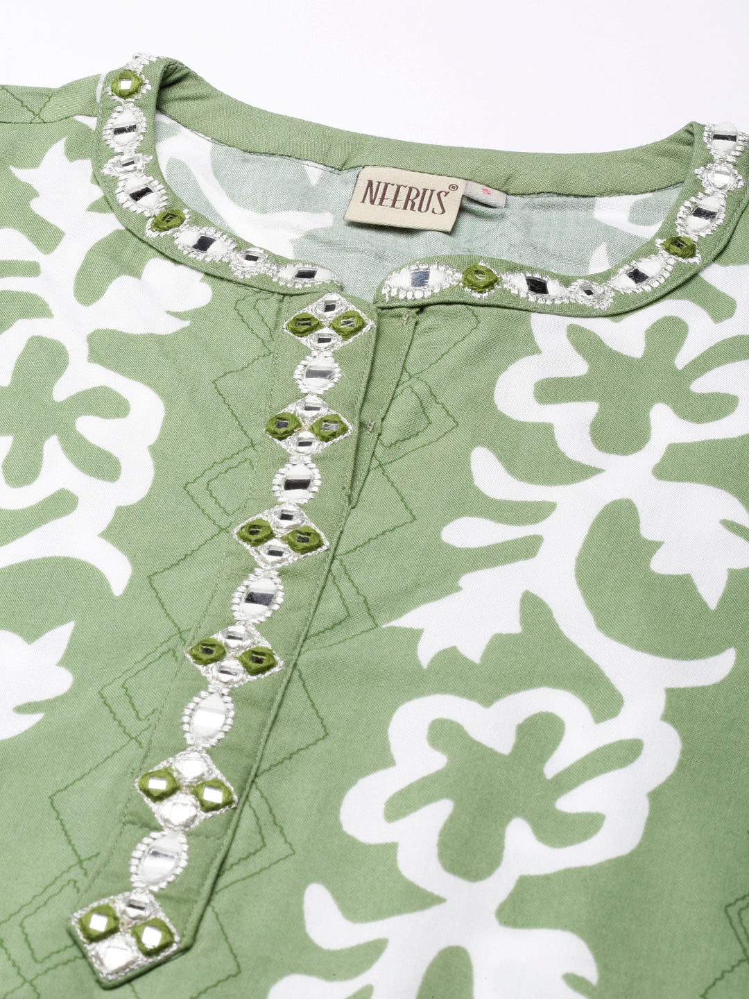 Neerus Green rayon printed straight kurta - detail view 1