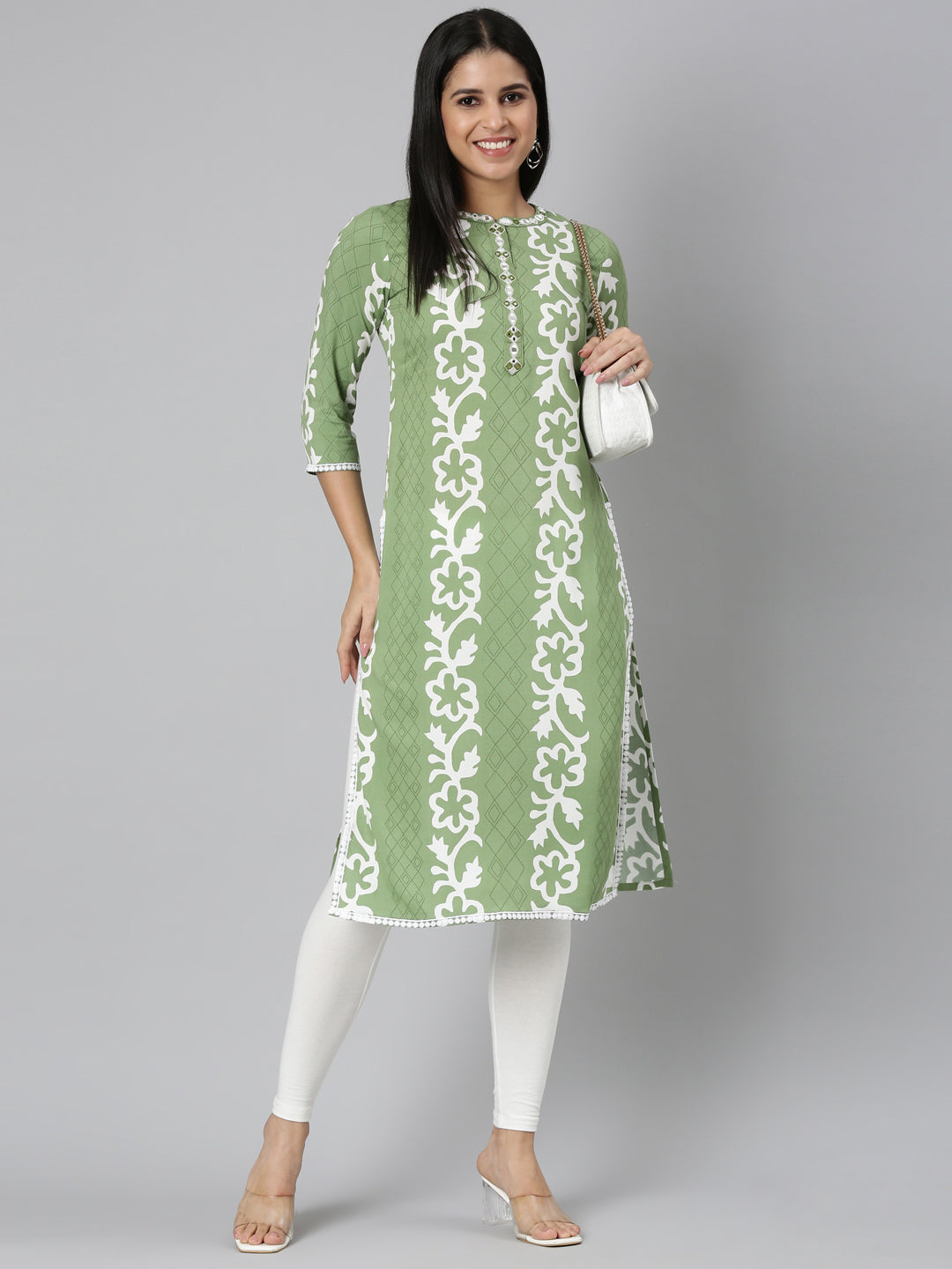 Neerus Green rayon printed straight kurta - detail view 2
