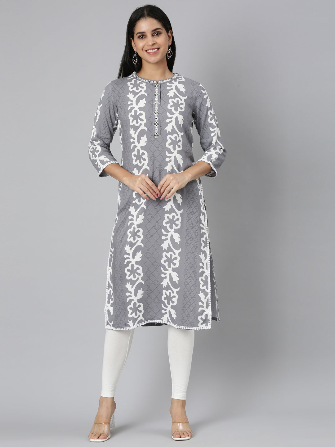 Neerus Grey rayon printed straight kurta - front view